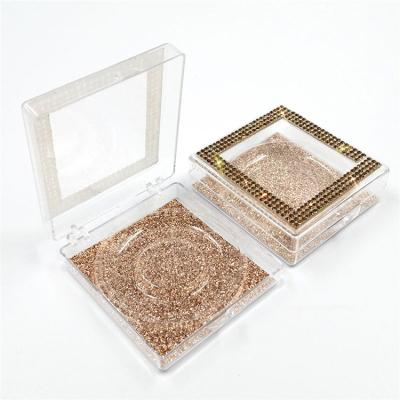 China Natural Long Logo Rhinestone Eyelash Packaging Box Gold Crystal Square Eyelash Box Private Label for sale