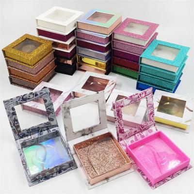 China Long natural empty eyelash packaging box, marble mink lashes case, square magnetic silver eyelash box for sale