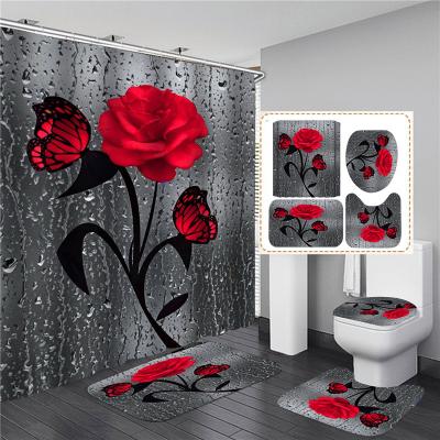 China Stocked 5 Colors Waterproof Bathroom Curtain Rose Print 3D Anti-slip Shower Curtain Polyester Bath Mat Set Toilet Rugs Carpet Home Decor for sale