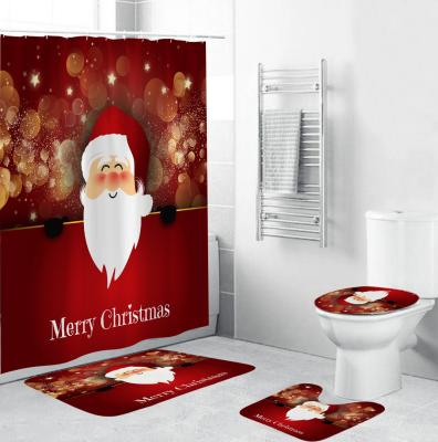 China Stocked Hot Sale New Arrival Christmas Bathroom Fabric Shower Curtain Set 4 Pcs Shower Curtain for sale