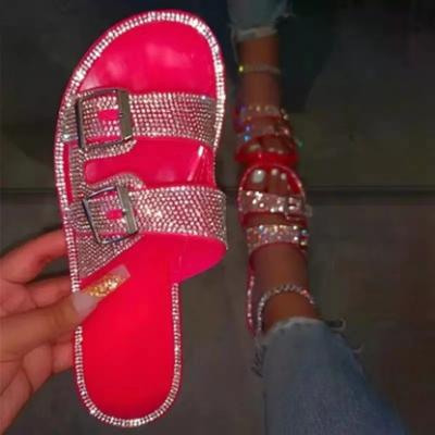 China 2021 Summer Hottest Fashion Trend Double Rhinestone Rhinestone Straps Women Slippers Pure Outdoor Indoor Color Slide Jelly Ladies Crystal Sandals for sale