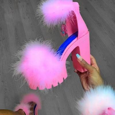 China 2021 fashion trend women's shoes with high heels and Turkey feather high heels and fur large size sandals for ladies and girls for sale