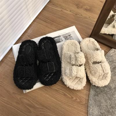 China Indoor Home Fluffy Sheepskin Soft Toe Fur Slides Slippers Open Cross Wool Fur Fuzzy Sheep Skin Slippers Real Fashion Women's Fashion Trend for sale