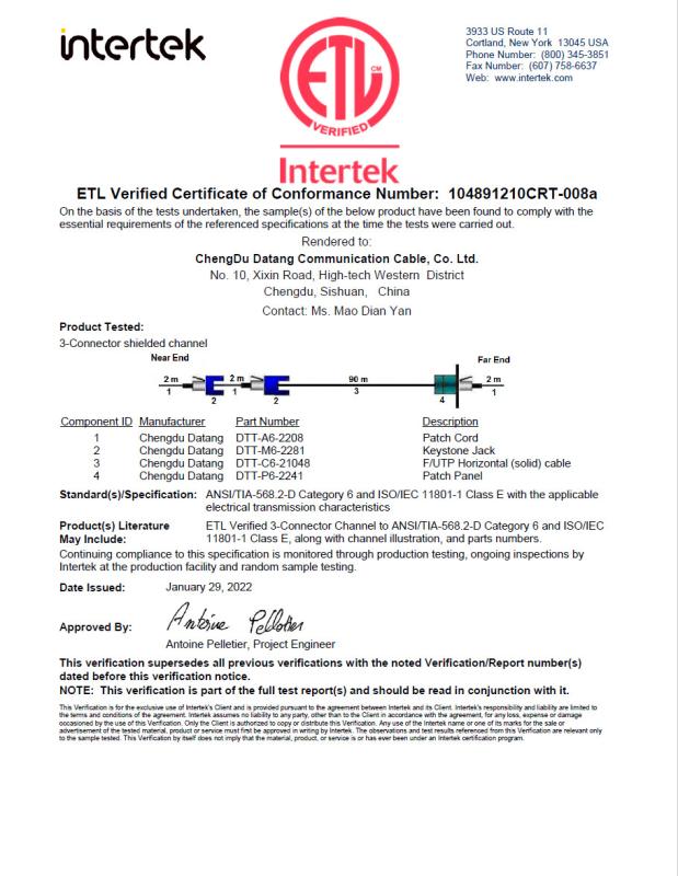 ETL Verified Certificate - Chengdu Datang Communication Cable, Co. Ltd.