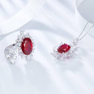 China TRENDY Customize Fine Jewelry Sets 925 Sterling Silver Rings Red Necklace Wedding Engagement Gemstone Jewelry Sets for sale