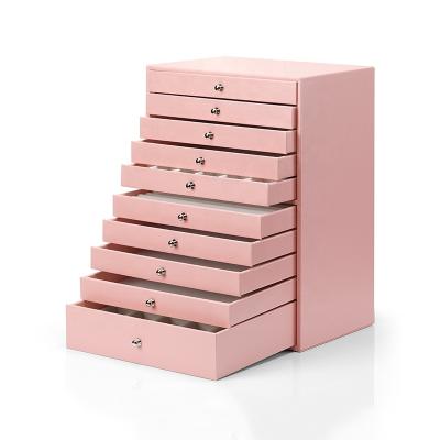 China Eco-friendly Materials Ready To Ship Large Rose Wood Leather Jewelry Gift Box Modern Jewelry Organizer With 10 Drawers for sale