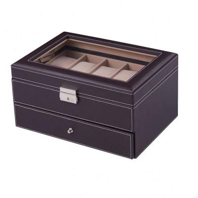 China Watch Box Organizer 10+10 Mens Display Storage Case Jewelry Box Black PU Leather Glass Top Stand Large for sale