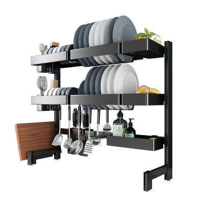 China Household Kitchen Adjustable Double Sink 2 Tier Storage Dishes Drying Rack With Chopper Rack And Knife Rack for sale