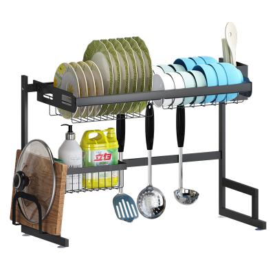 China Modern Stainless Steel Material Kitchen Storage Dishes Bowl Drying Sink Rack With Chopper Rack And Hooks for sale