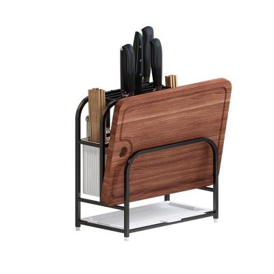 China Viable Cost-Effective NO-Rust Black Knife Cutting Board Storage Rack with Two Plastic Cups for Kitchen Tools Storage for sale