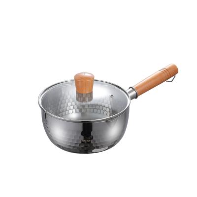 China Hot Selling Stocked Stainless Steel Kitchenware Cooking Yukihira Wooden Pot Pan Soup Pot Handle Lid Xue Pan withtransparent for sale