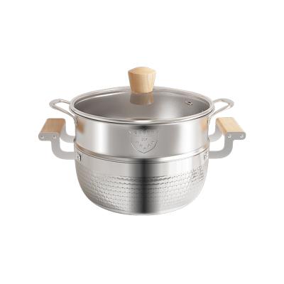 China Restaurant Kitchen Soup Pot 304 Stainless Steel Sustainable Glass Lid Steaming Soup Pots With Wooden Handle for sale