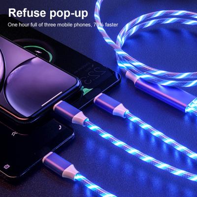 China Strong Durable 3 in 1 Flowing Light Micro USB Type-C Fast Charging Pigtail Charging Cable Data Cord for iPhone Huawei Xiaomi Samsung A51 A71 A31s for sale