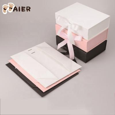 China Gift & Craft Aier New Design Ribbon Folding Box Eco-friendly Luxury Recyclable Luxury Paper Box With Pink And Black And White Color for sale