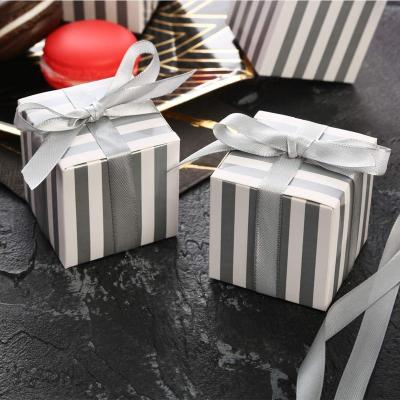 China Recycled Materials Candy Box Party Border Gift Box Stripe High End Gift Box With Ribbon Customized for sale