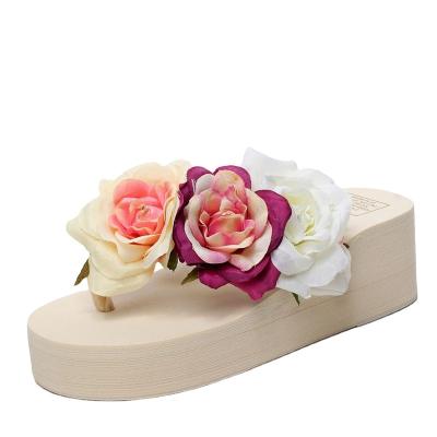 China Rose Three Flower Beach Women's Anti-Slippery Flip Flops Slippers Non-Slip Summer High Heels Slippers for sale