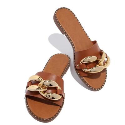 China Hot Fashion Trend Summer Double Ring Chain Buckle Slippers Shape Flat Shoes Women's Sandals for sale