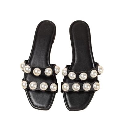 China New fashion trend fashion leisure PU leather women's slippers pearl flats summer slide sandals for sale