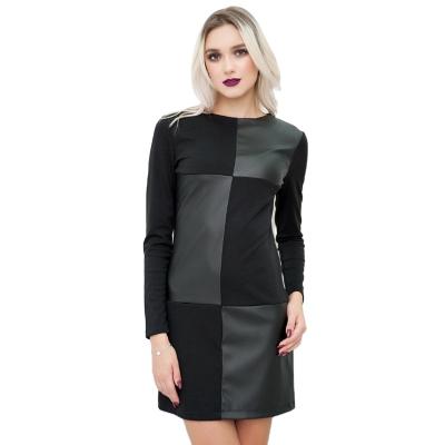 China Autumn and winter women's anti-static PU leather stitching long sleeve round neck sexy short dress for women for sale