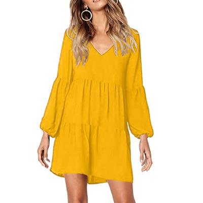 China Autumn V-Neck Loose Swing Anti-Static Casual Long Lantern Sleeve Pleated Shift Dress Women for sale