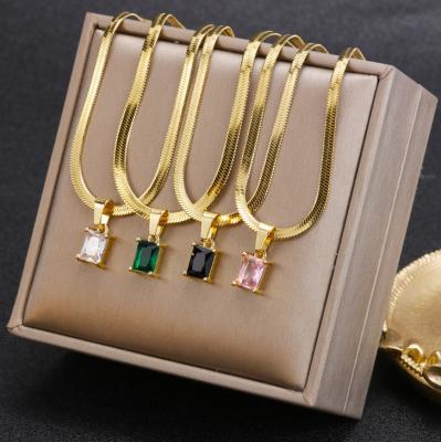 China New FASHIONABLE Stainless Steel 18K Gold Plated Snake Bone Chain Square Flat Zircon Pendant Necklace For Women Fashion Jewelry Necklaces for sale