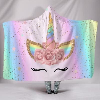 China Wearable 30 Styles Unicorn Pattern 3D Printed Plush Hoodie Blanket For Beds Cartoon Galaxy Fleece Warm Wearable Soft Blankets for sale