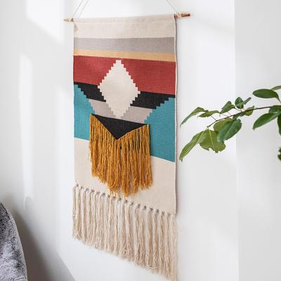 China Handmade Woven Bohemian Geometric Tapestry Boho Home Decor Macrame Wall Hanging Cotton Tassel Canvas Art Background Cloth for sale