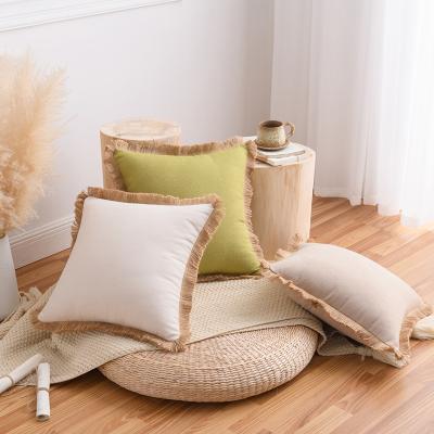 China Orange Red Canvas Pillowcase Sofa Tassel Cushion Nordic Non-Toxic Avocado Green Cotton Lumbar Pillow Case Solid Color Canvas Backrest 45*45cm for sale