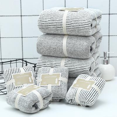 China Bamboo Fiber Absorbent Stripe Charcoal Household Soft Bath Towel Set Thick Coral Fleece Bathroom Towel Sets for sale