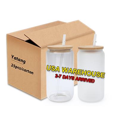 China American Style Hot Sale USA Warehouse 12oz 16oz Soda Shaped Beer Can Frosted Glass Sublimation With Bamboo Lid And Plastic Straw for sale