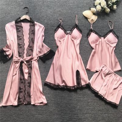 China 2020 Summer Wholesale 4 Piece Satin Nightgown QUICK DRY Silk Women Pajamas Sets Sleepwear for sale