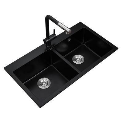 China With Faucet Zeming ZM205 Most Popular Rectangular Compound Granite Sink Double Topmounted Bowls for sale