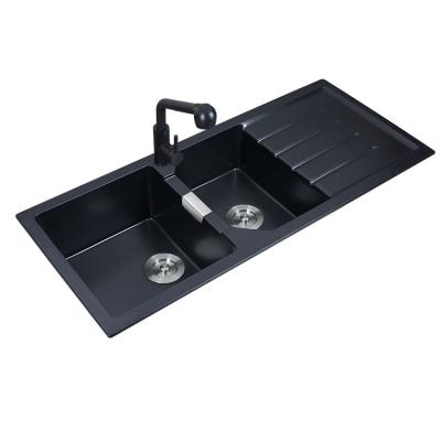 China Without Faucet Zeming ZM101 Compound Kitchen Granite Topmounted Sink For Rectangular Double Bowls With Drainer for sale