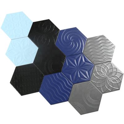 China Glazed Metallic Tiles 200x230 Embossed Sky Blue 3D Ceramic Hexagon Wall Tile for sale