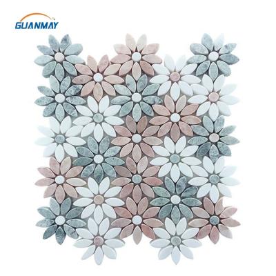 China CLASSIC Daisy Field Flower Waterjet Mosaic Tile Polished Mixed Color Daisy Flower Pattern Design Marble Mosaic for sale