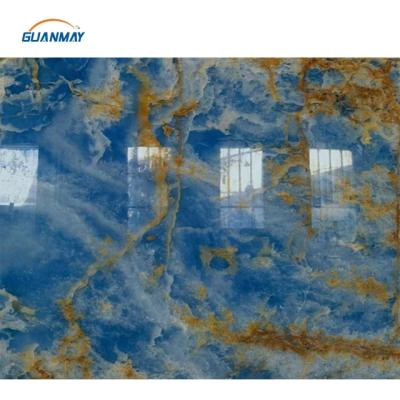 China Customized Modern Blue Marble Onyx Slab Veins Jade Gold Light Blue Marble Onyx Slab Translucent Marble Tiles for sale