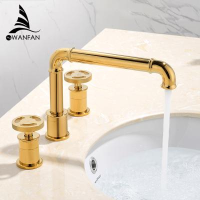 China Modern Luxury 20A10 Basin Bathtub Tap Hot Cold Water Brass Gold Handle Basin Faucets Double 3 Pieces Sink Faucet Bathroom for sale