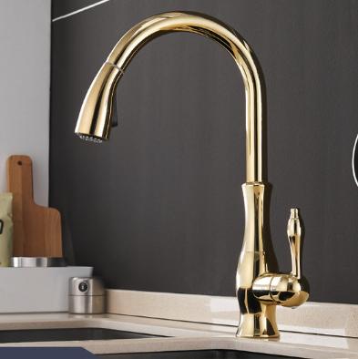 China Modern Kitchen Faucets Gold Single Handle Pull Out Kitchen Faucet 866011 Single Hole Handle Swivel 360 Degree Water Mixer Tap for sale