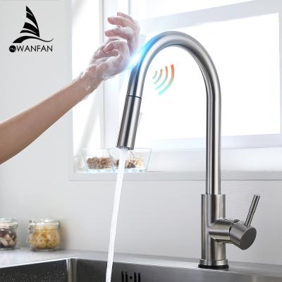 China WANFAN KH1005SN 2 Way Faucets Function Kitchen Faucet Pullout Spray Head 360 Degree Rotate Nickel Touch Brushed Brass Smart Kitchen Faucet for sale