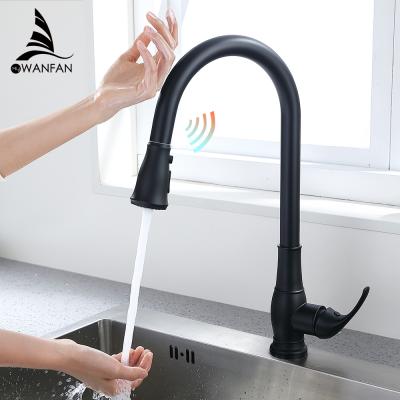 China WANFAN 3 Way Faucets Sense Mixer Kitchen Sink Faucet KH1022R With Spray Chef Touch Pull Out Kitchen Brass Black Smart Faucet for sale