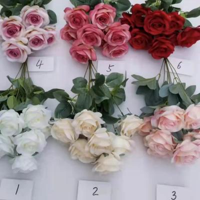 China Artificial Flowers Wedding Decoration China Romantic 9 Heads Rose Bush Rose Bouquets Low Price Silk White Roses for sale