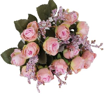 China Silk total length about 29cm 5 forks 15 head flower flannel rose flower artificial rose flower for decoration for sale