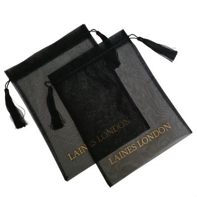 China Recyclable Custom Gold Logo Black Organza Bags With Tassels for sale