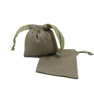 China Custom Mini Cotton Canvas Drawstring Twill Recyclable Military Green Tote Pouch Small Gift Bags With Ribbon for sale