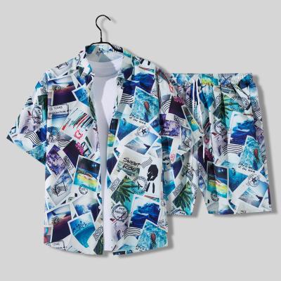 China New Style Photo Pattern Beach Loose Casual Sets Hawaiian Print Shirt Men QUICK DRY Half Sleeve Shirt 2 Piece Set for sale