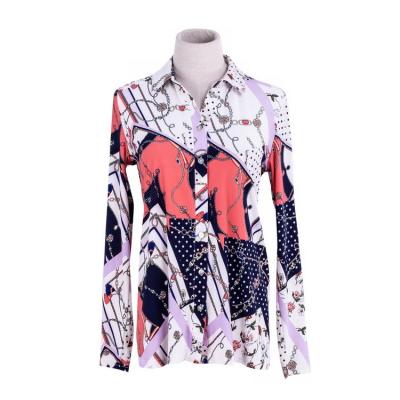 China Custom Hot Sale Anti-pilling Lapel Knit Print Long Sleeve Shirt Button Top Women's T-Shirt for sale