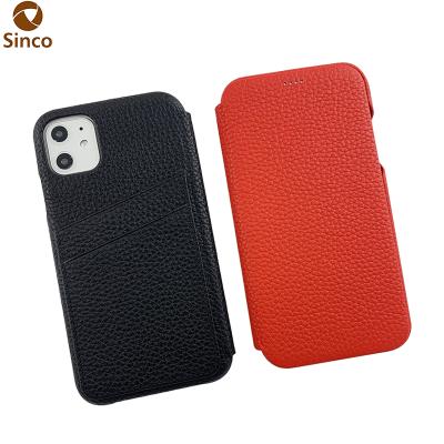 China Anti-falling Flip Phone Case Card Slots Pebble Grain Genuine Leather Phone Case for iphone 11 for sale