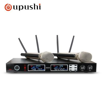 China Oupushi Handheld Wireless Karaoke Microphone Dual Channel 4 Antenna have HIGH FIDELITY sound quality using distance within 80m for sale