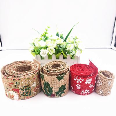 China Decorative Natural Burlap Christmas Ribbon Roll Jute Decorative Ribbon with Printing Ribbon Custom Made for sale