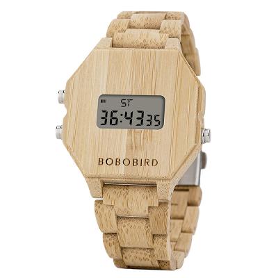 China BOBO BIRD Casual Style Bamboo Wooden Digital Watch Alarm LED Display Light Function Stopwatch for sale